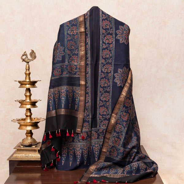 Hand Block Chanderi Ajrakh Kurta Fabric & Hand Block Chanderi Ajrakh Dupatta