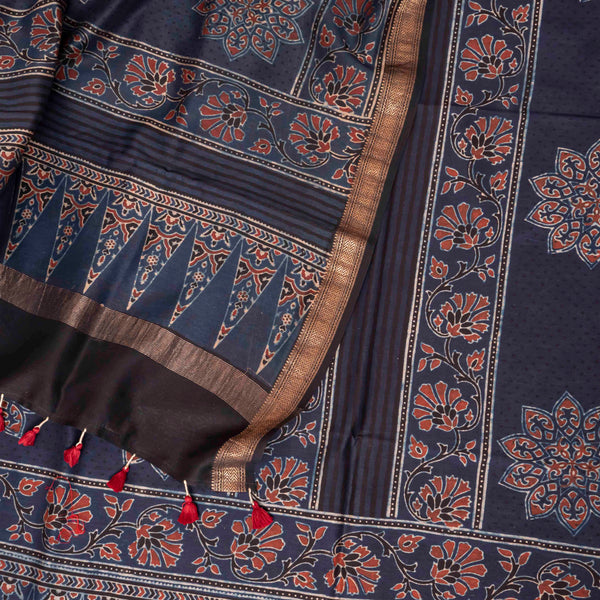 Hand Block Chanderi Ajrakh Kurta Fabric & Hand Block Chanderi Ajrakh Dupatta