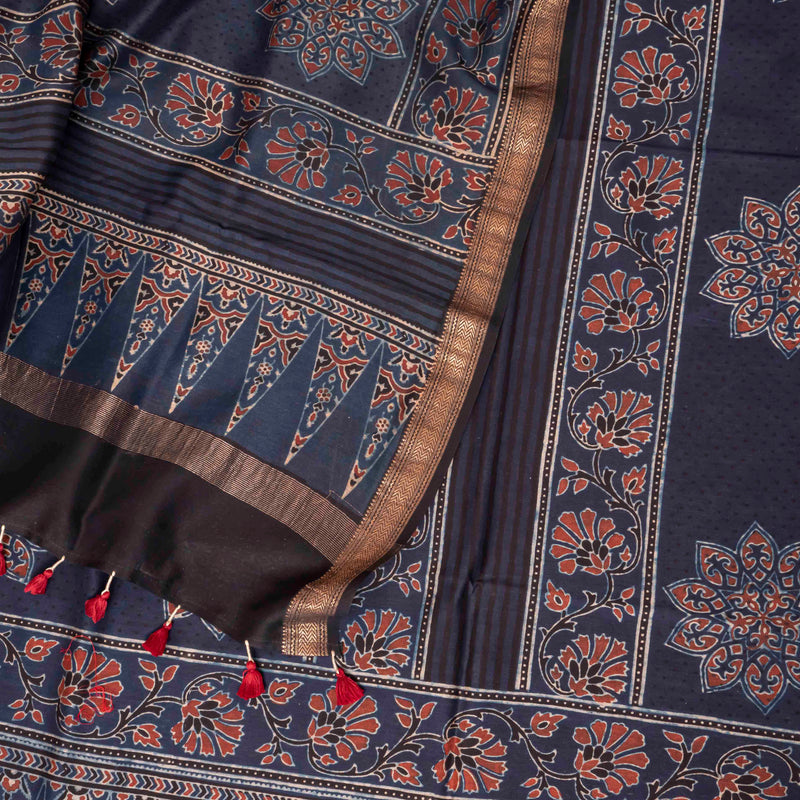 Hand Block Chanderi Ajrakh Kurta Fabric & Hand Block Chanderi Ajrakh Dupatta