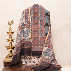 Hand Block Ajrakh Cotton Kurta Fabric, Bottom Fabric & Hand Block Ajrakh Kota Doria Dupatta