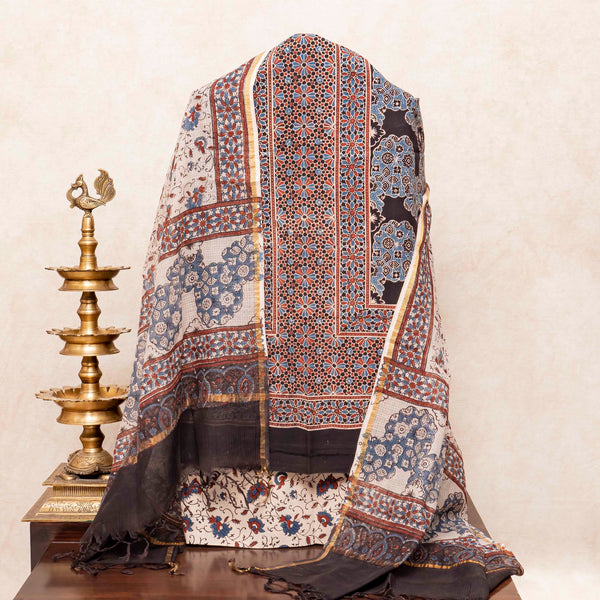 Hand Block Ajrakh Cotton Kurta Fabric, Bottom Fabric & Hand Block Ajrakh Kota Doria Dupatta