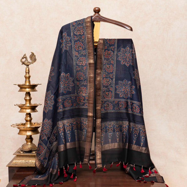 Hand Block Chanderi Ajrakh Kurta Fabric & Hand Block Chanderi Ajrakh Dupatta