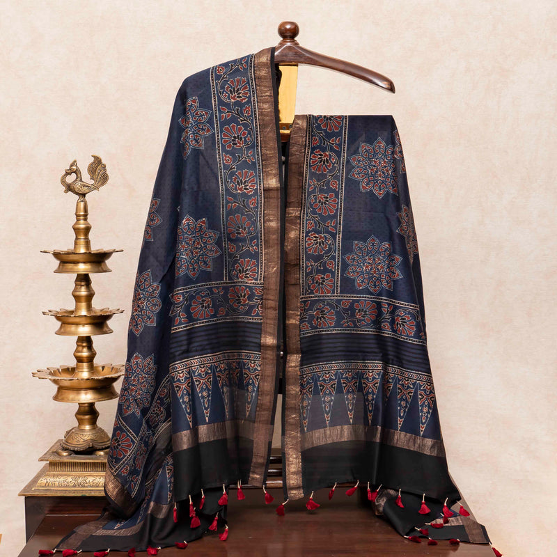 Hand Block Chanderi Ajrakh Kurta Fabric & Hand Block Chanderi Ajrakh Dupatta