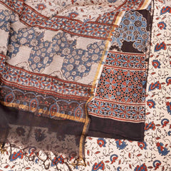 Hand Block Ajrakh Cotton Kurta Fabric, Bottom Fabric & Hand Block Ajrakh Kota Doria Dupatta