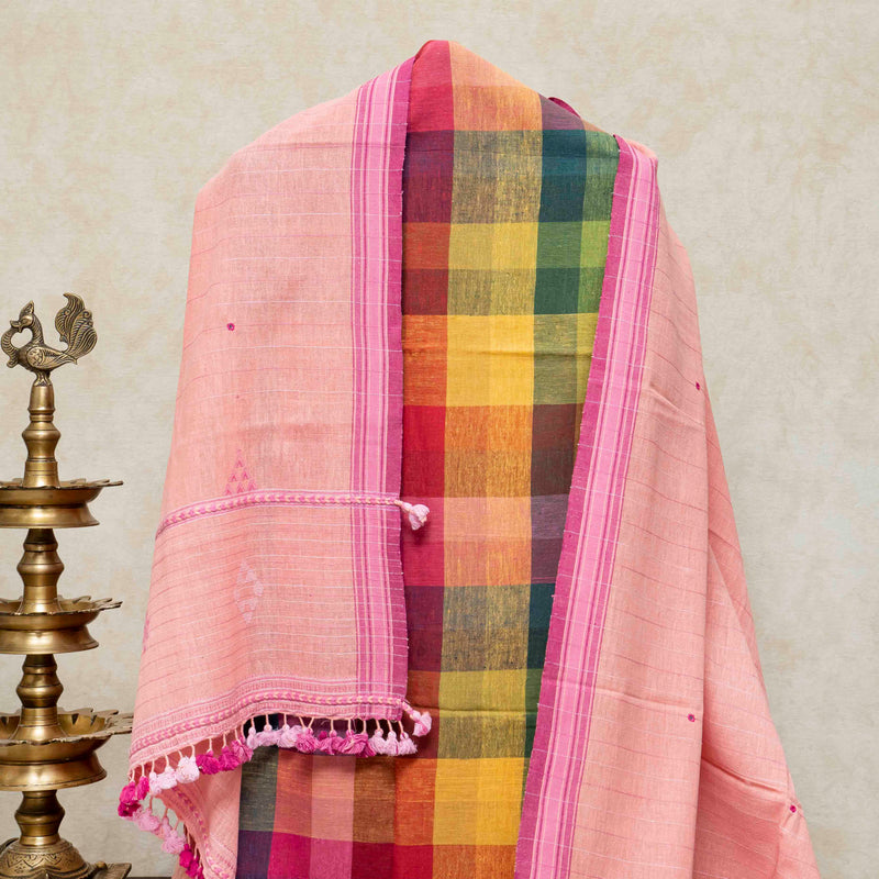 Handloom Kala Cotton Multicolour Check Kurta Fabric with Dupatta