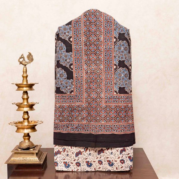 Hand Block Ajrakh Cotton Kurta Fabric, Bottom Fabric & Hand Block Ajrakh Kota Doria Dupatta