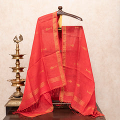 Handloom Handwoven Cotton Jamdani Kurta, Bottom Fabric & Handloom Handwoven Linen Jamdani Dupatta With Golden Motifs