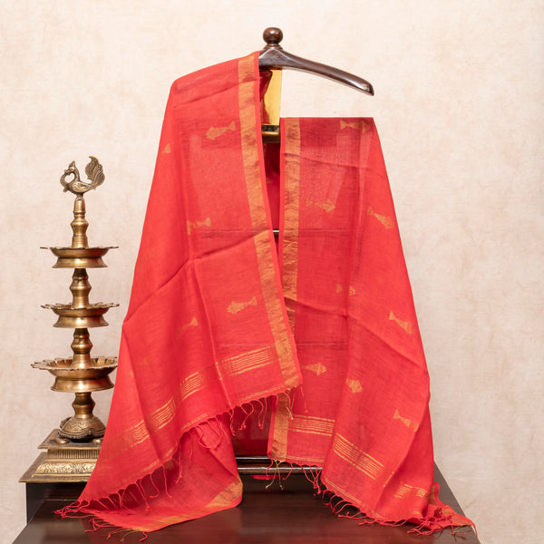 Handloom Handwoven Cotton Jamdani Kurta, Bottom Fabric & Handloom Handwoven Linen Jamdani Dupatta With Golden Motifs