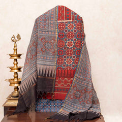Hand Block Ajrakh Cotton Kurta Fabric, Bottom Fabric & Hand Block Ajrakh Kota Doria Dupatta