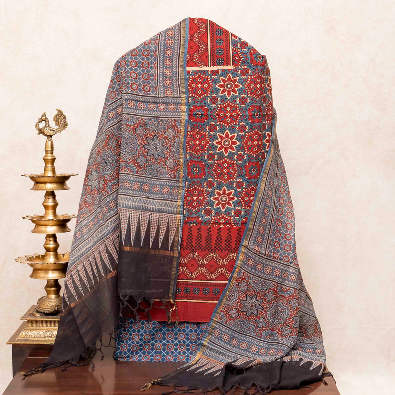Hand Block Ajrakh Cotton Kurta Fabric, Bottom Fabric & Hand Block Ajrakh Kota Doria Dupatta