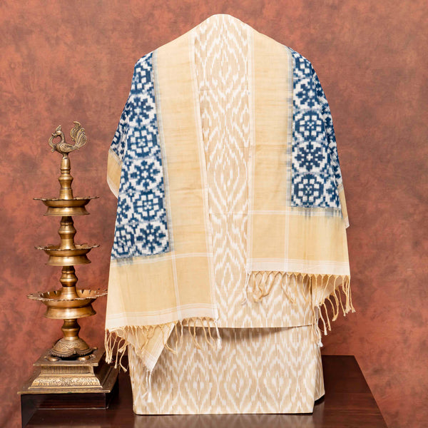 Handloom Cotton Ikkat Kurta, Bottom Fabric In Natural Dye & Handloom Natural Dye Cotton Ikkat Stole