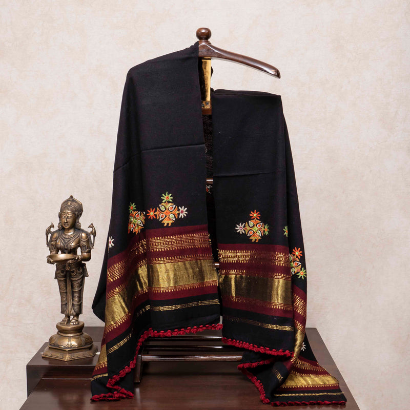 Handwoven Woollen Black Shawl With Mirror Work