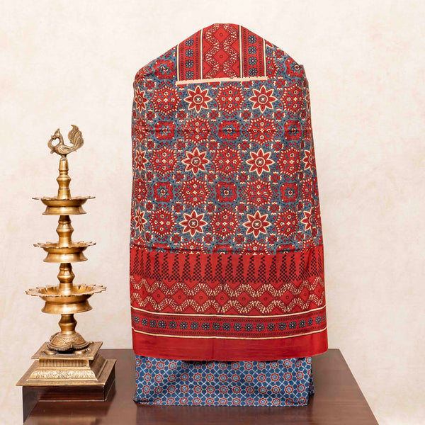 Hand Block Ajrakh Cotton Kurta Fabric, Bottom Fabric & Hand Block Ajrakh Kota Doria Dupatta