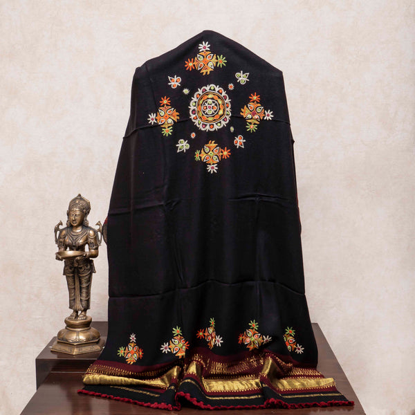 Handwoven Woollen Black Shawl With Mirror Work
