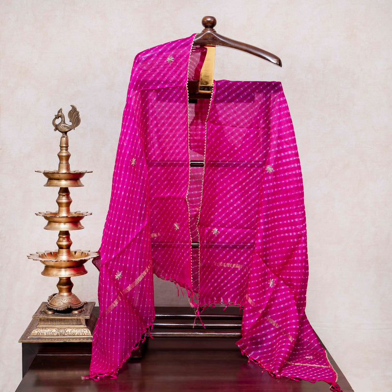 Hand Tie - Dye Kota Silk Kurta Fabric With Zari Hand Embroidery & Zari Hand Embroidery Dupatta