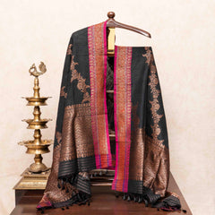 Handloom Tussar Silk Kurta, Bottom Fabric With Golden Stripes & Handloom Raw Silk Dupatta With Antique Zari