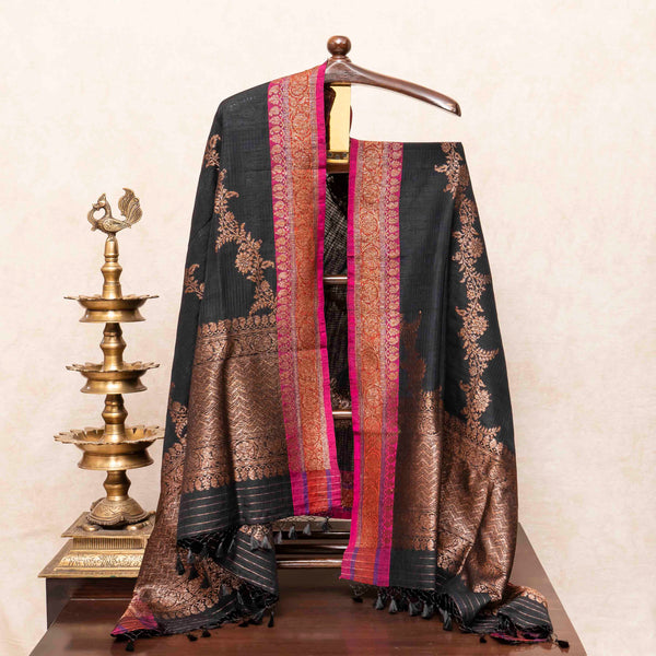 Handloom Tussar Silk Kurta, Bottom Fabric With Golden Stripes & Handloom Raw Silk Dupatta With Antique Zari