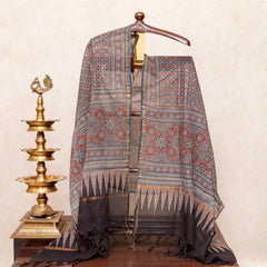 Hand Block Ajrakh Cotton Kurta Fabric, Bottom Fabric & Hand Block Ajrakh Kota Doria Dupatta