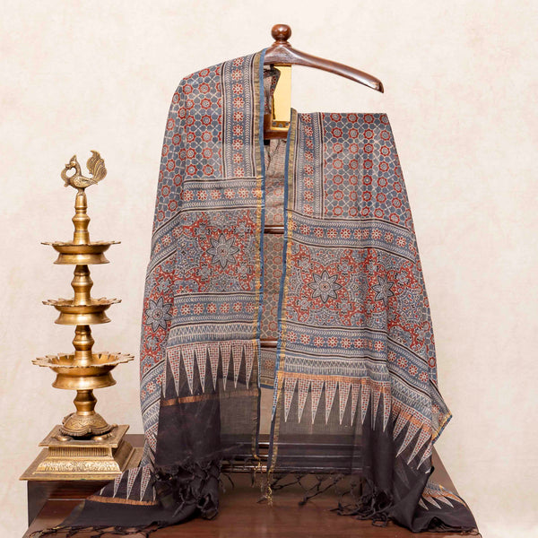 Hand Block Ajrakh Cotton Kurta Fabric, Bottom Fabric & Hand Block Ajrakh Kota Doria Dupatta