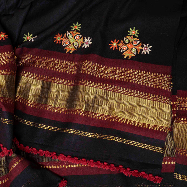 Handwoven Woollen Black Shawl With Mirror Work