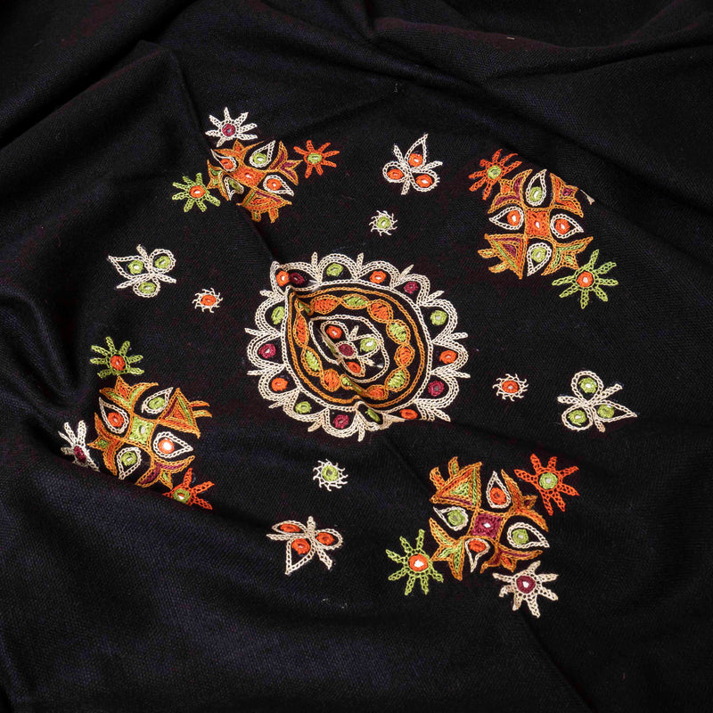 Handwoven Woollen Black Shawl With Mirror Work
