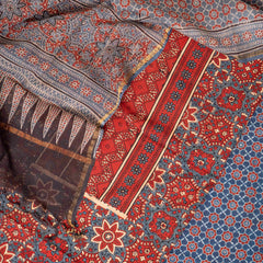 Hand Block Ajrakh Cotton Kurta Fabric, Bottom Fabric & Hand Block Ajrakh Kota Doria Dupatta