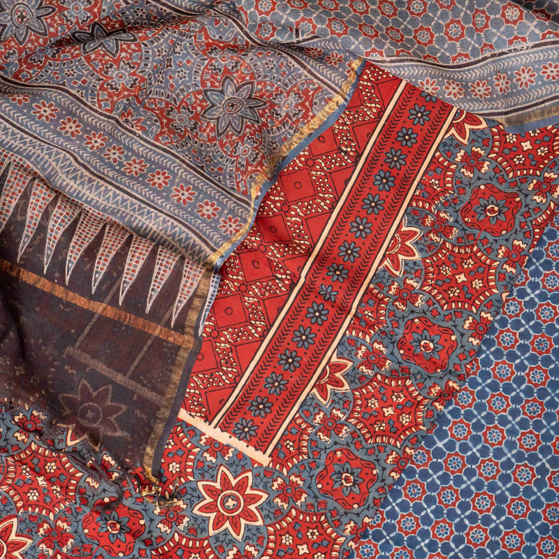 Hand Block Ajrakh Cotton Kurta Fabric, Bottom Fabric & Hand Block Ajrakh Kota Doria Dupatta