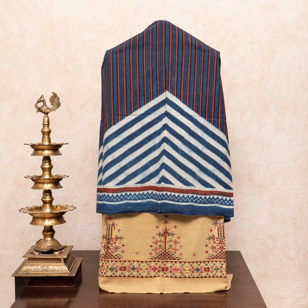 Hand Block Cotton Ajrakh Fabric & Handloom Kala Cotton Bottom Fabric With Soof Embroidery