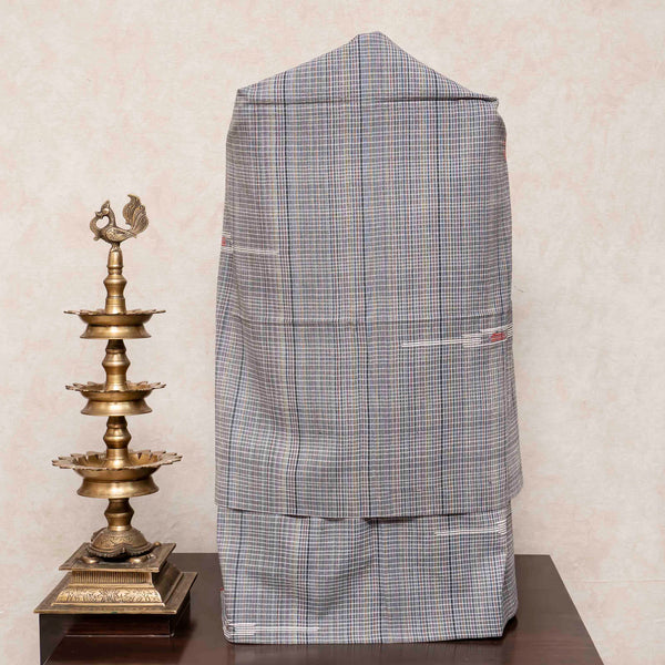 Handloom Cotton Multicoloured Check Kurta, Bottom With Motif & Handloom Cotton Stole With Embroidery