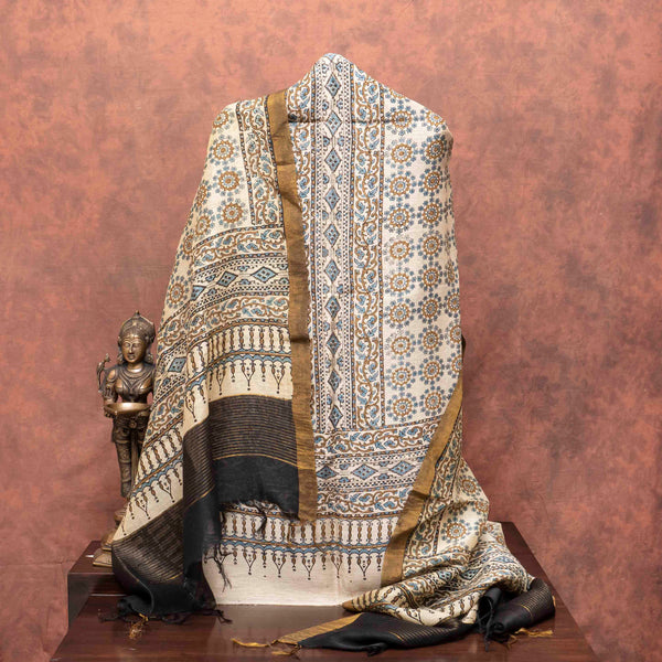 Linen Silk Hand Block Ajrakh Kurta Fabric & Linen Silk Hand Block Ajrakh Dupatta