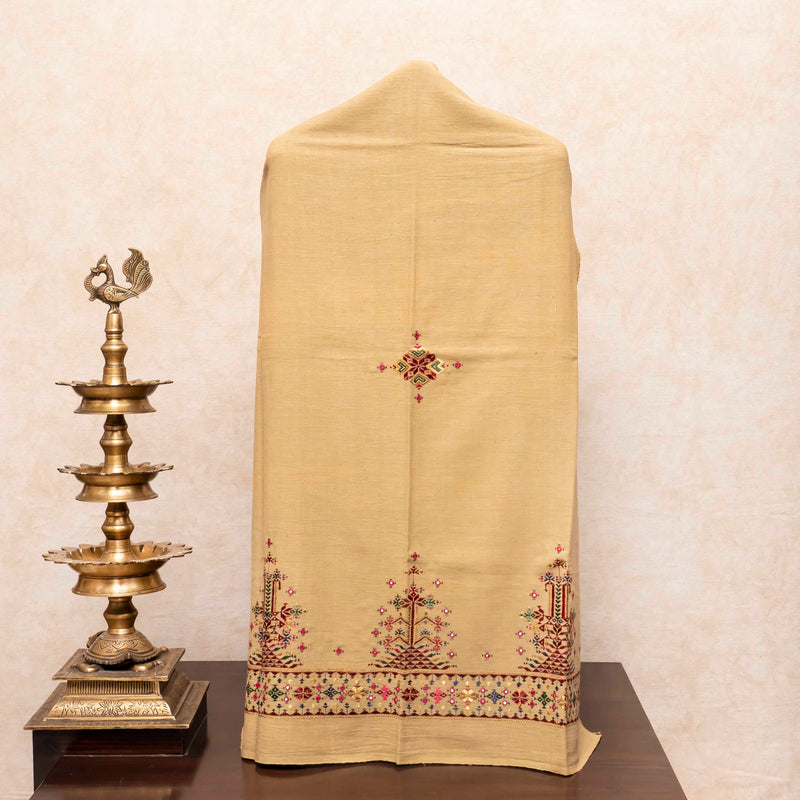 Hand Block Cotton Ajrakh Fabric & Handloom Kala Cotton Bottom Fabric With Soof Embroidery
