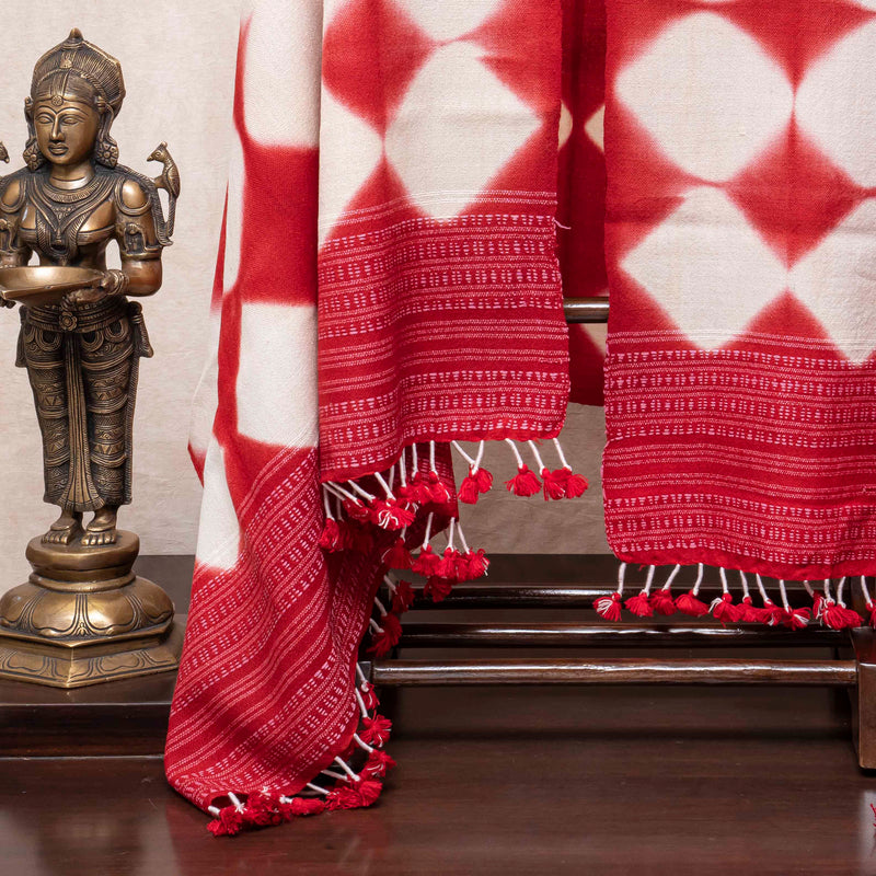 Handwoven Woollen Red Shawl With Clamp Dying