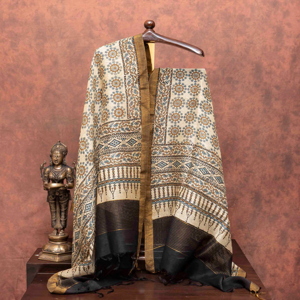 Linen Silk Hand Block Ajrakh Kurta Fabric & Linen Silk Hand Block Ajrakh Dupatta