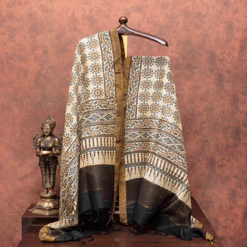 Linen Silk Hand Block Ajrakh Kurta Fabric & Linen Silk Hand Block Ajrakh Dupatta