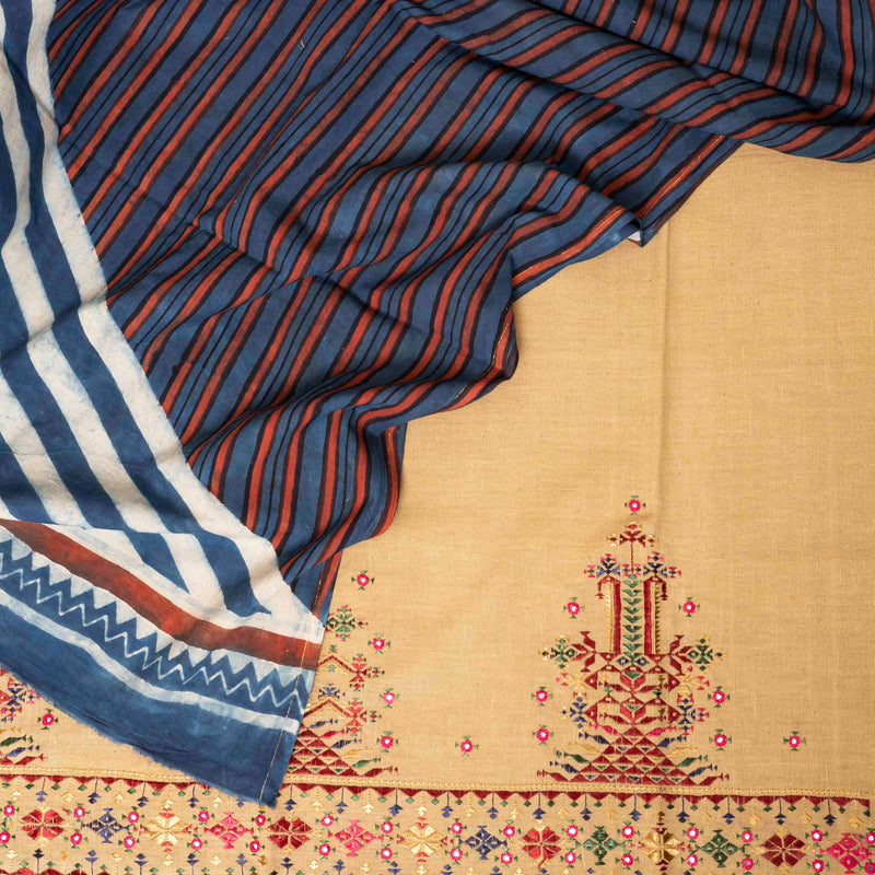 Hand Block Cotton Ajrakh Fabric & Handloom Kala Cotton Bottom Fabric With Soof Embroidery