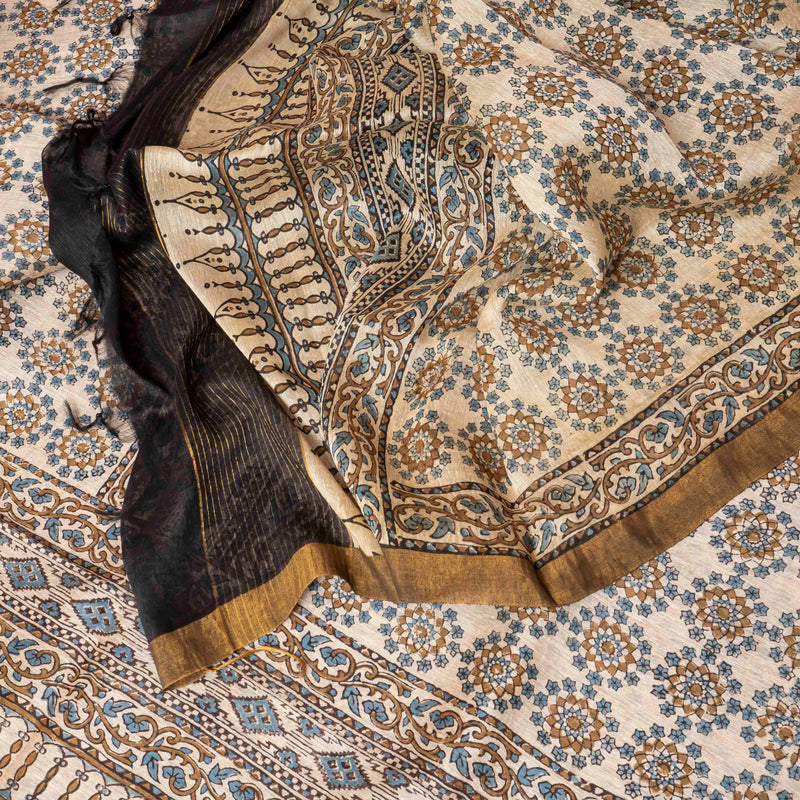 Linen Silk Hand Block Ajrakh Kurta Fabric & Linen Silk Hand Block Ajrakh Dupatta