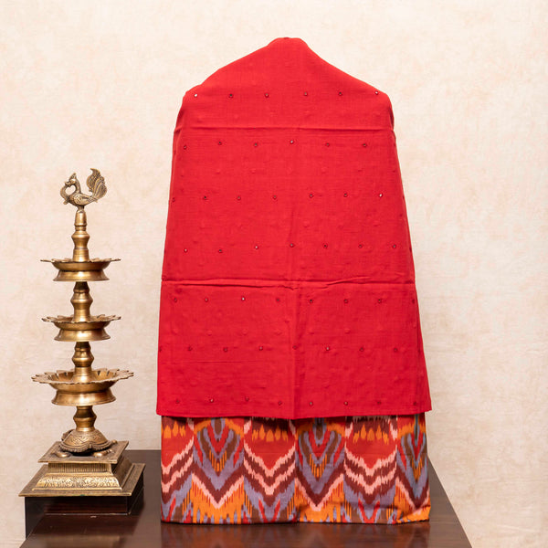 Handloom Kala Cotton Kurta Fabric With Mirror Work & Handloom Cotton Uzbek Ikkat Bottom Fabric
