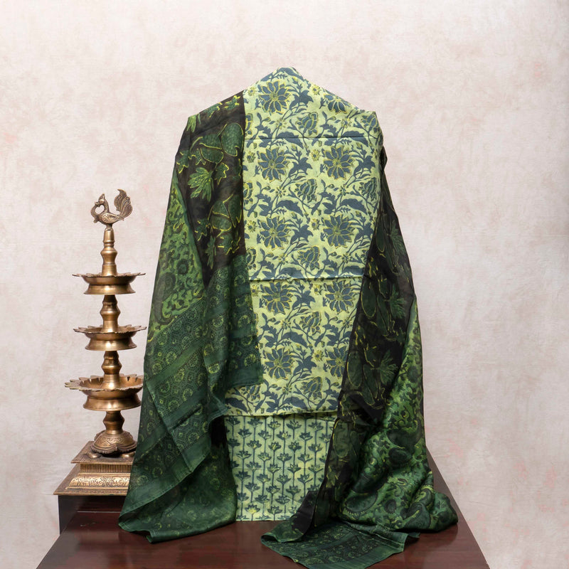 Hand Block Sage Green Cotton Kurta, Bottom Fabric With Chanderi Silk Hand Block Dupatta