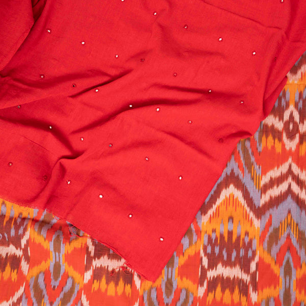 Handloom Kala Cotton Kurta Fabric With Mirror Work & Handloom Cotton Uzbek Ikkat Bottom Fabric