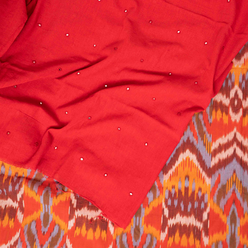 Handloom Kala Cotton Kurta Fabric With Mirror Work & Handloom Cotton Uzbek Ikkat Bottom Fabric