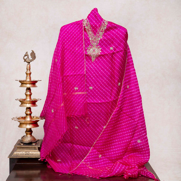 Hand Tie - Dye Kota Silk Kurta Fabric With Zari Hand Embroidery & Zari Hand Embroidery Dupatta