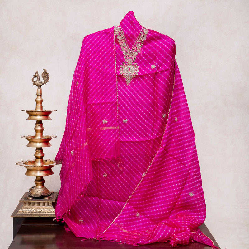 Hand Tie - Dye Kota Silk Kurta Fabric With Zari Hand Embroidery & Zari Hand Embroidery Dupatta