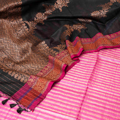 Handloom Tussar Silk Kurta, Bottom Fabric With Golden Stripes & Handloom Raw Silk Dupatta With Antique Zari
