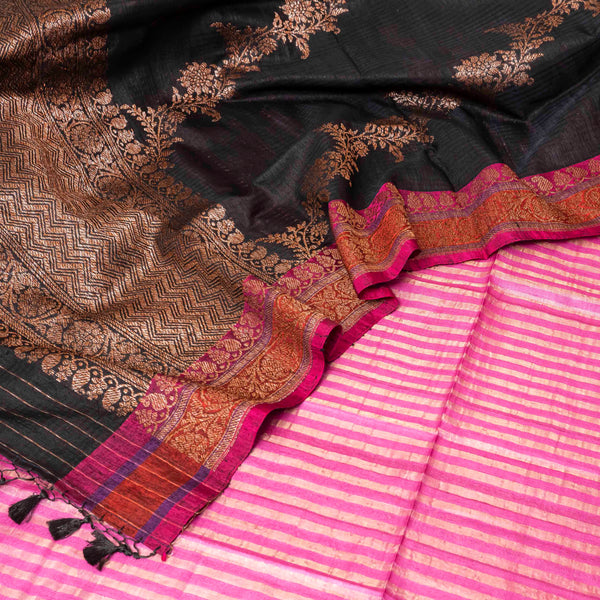 Handloom Tussar Silk Kurta, Bottom Fabric With Golden Stripes & Handloom Raw Silk Dupatta With Antique Zari