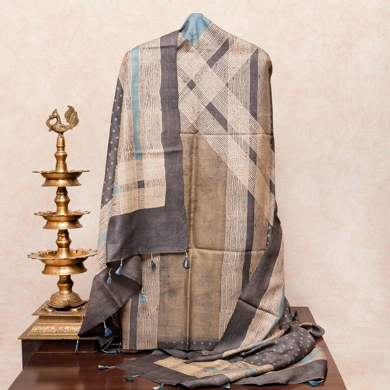 Hand Block Ajrakh Tussar Silk Kurta Fabric & Dupatta