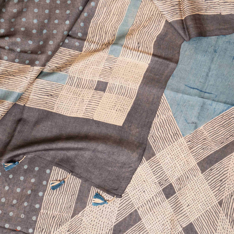 Hand Block Ajrakh Tussar Silk Kurta Fabric & Dupatta
