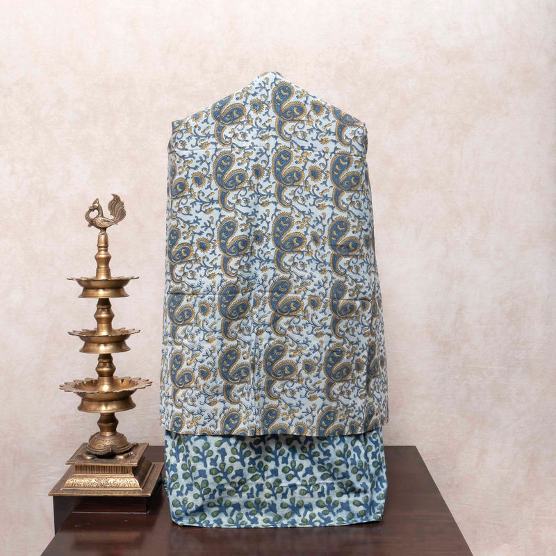 Hand Block Sky Blue Cotton Kurta, Bottom Fabric With Hand Block Kota Doria Dupatta