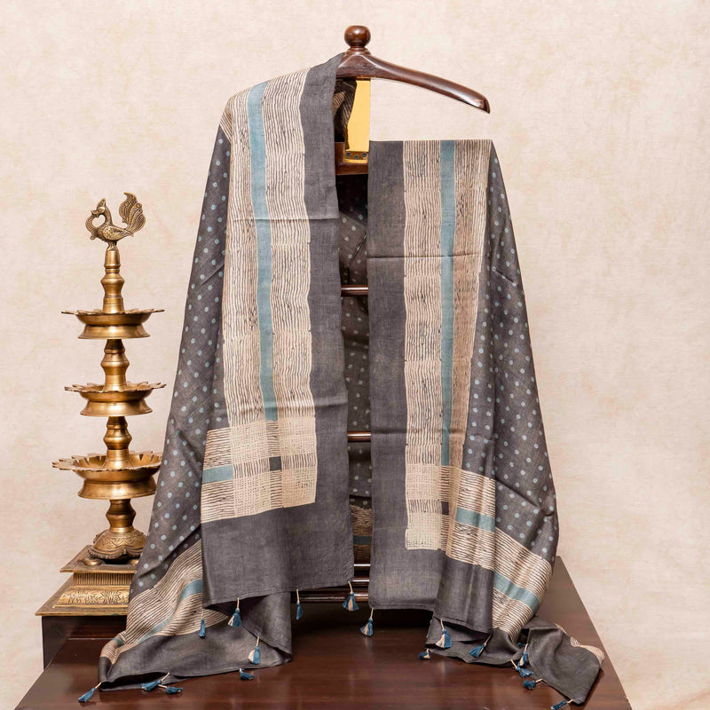 Hand Block Ajrakh Tussar Silk Kurta Fabric & Dupatta