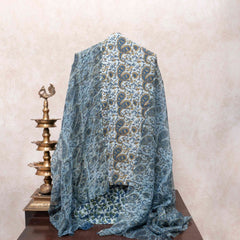 Hand Block Sky Blue Cotton Kurta, Bottom Fabric With Hand Block Kota Doria Dupatta