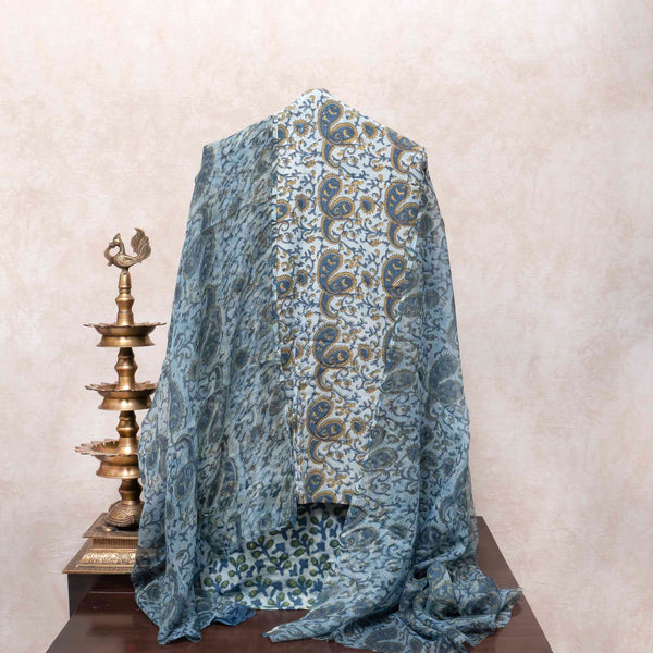 Hand Block Sky Blue Cotton Kurta, Bottom Fabric With Hand Block Kota Doria Dupatta